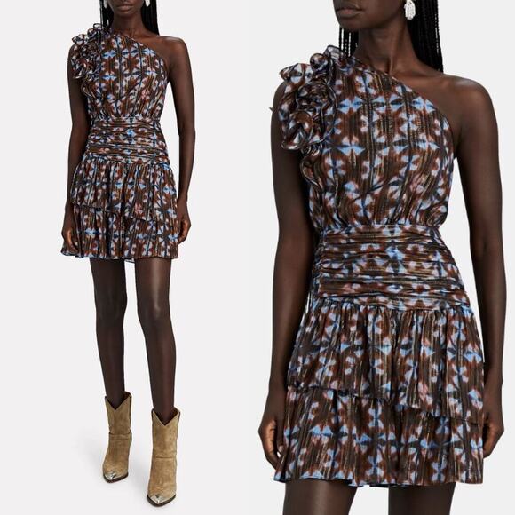 Ulla Johnson Kaia Ruffled One Shoulder Mini Dress NWT Blue/Brown Multi Size 2 - Picture 1 of 8